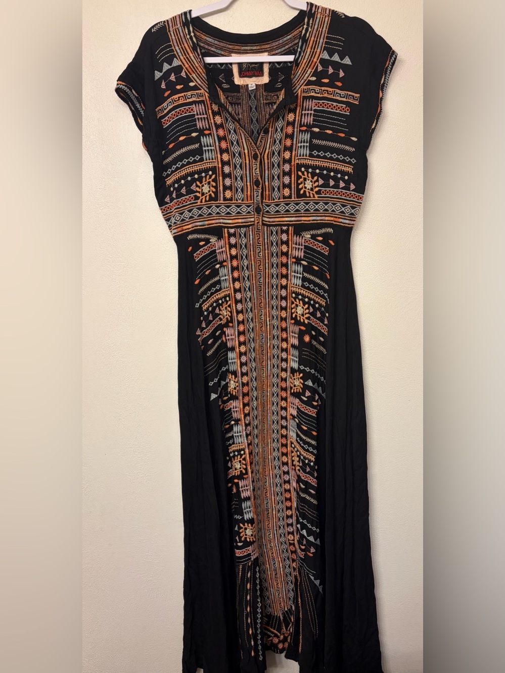 Johnny Was Biya Effy Challis Black Fully Embroidered Maxi Dress Size XS